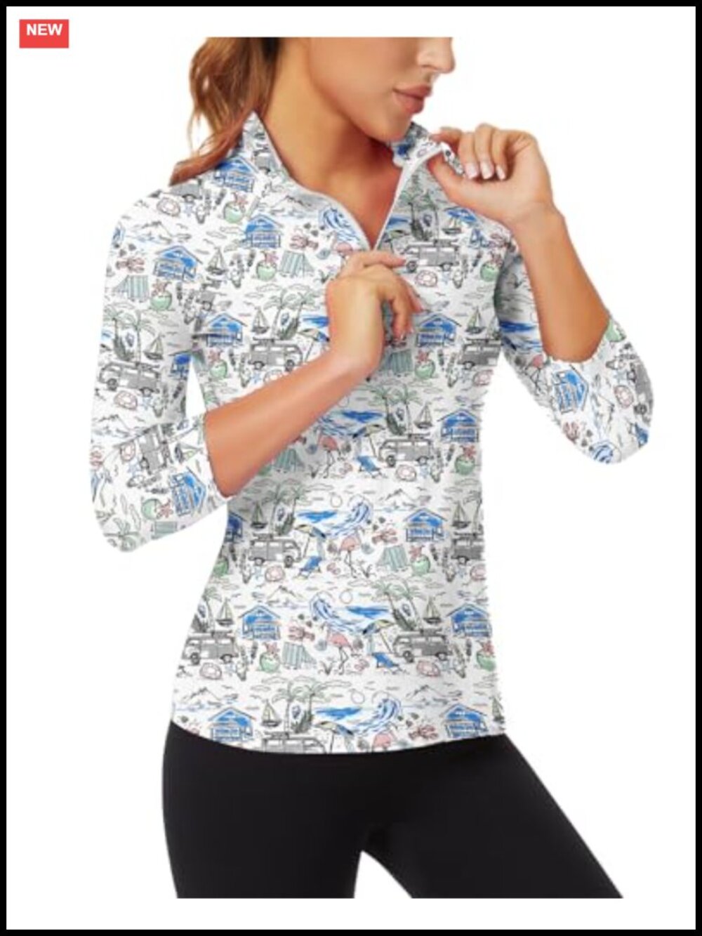 Women's 3/4 Sleeve Golf Polo Shirt Quarter Zip Moisture Wicking UPF 50+